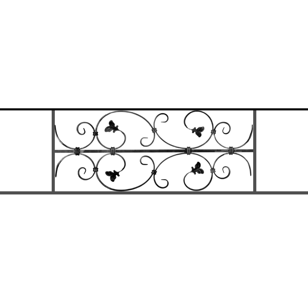Appui de fenêtre type AF005 à sceller dans votre tableau de fenêtre. Longueur finie de 1180mm et Hauteur finie de 310mm. Convient pour les tableaux de fenêtre de 1080mm. 50mm de scellement sont prévue de chaque côté. Main courante laminée de 1080mm de long en fer forgé sur le dessus. Motif au centre de 760mm de long par 290mm de haut. Le reste de la structure est en acier carré plein de 12mm de section.