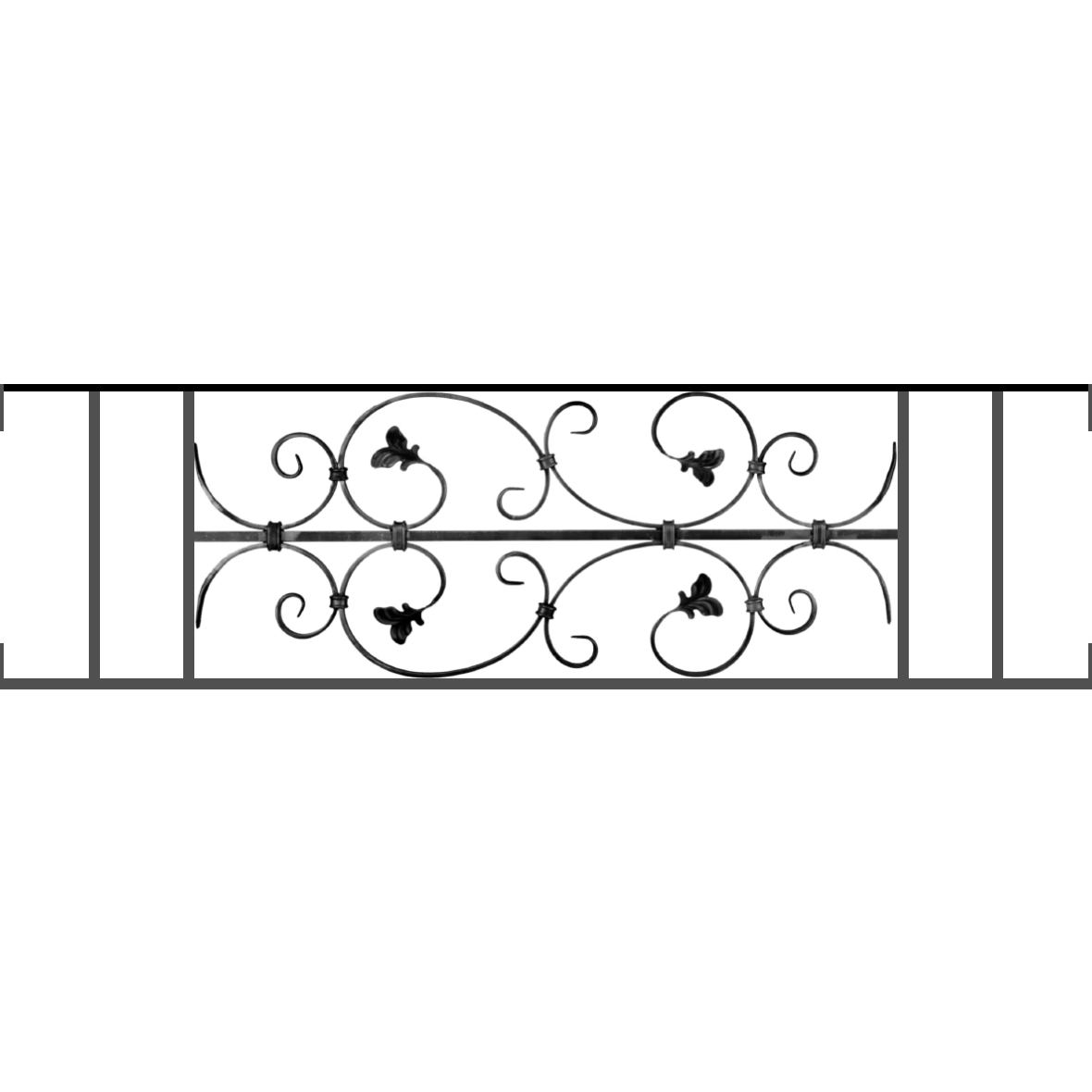 Appui de fenêtre type AF005 à visser dans votre tableau de fenêtre. Longueur finie de 1180mm et Hauteur finie de 310mm. Convient pour les tableaux de fenêtre de 1180mm. Main courante laminée de 1180mm de long en fer forgé sur le dessus. Motif au centre de 760mm de long par 290mm de haut. Le reste de la structure est en acier carré plein de 12mm de section.