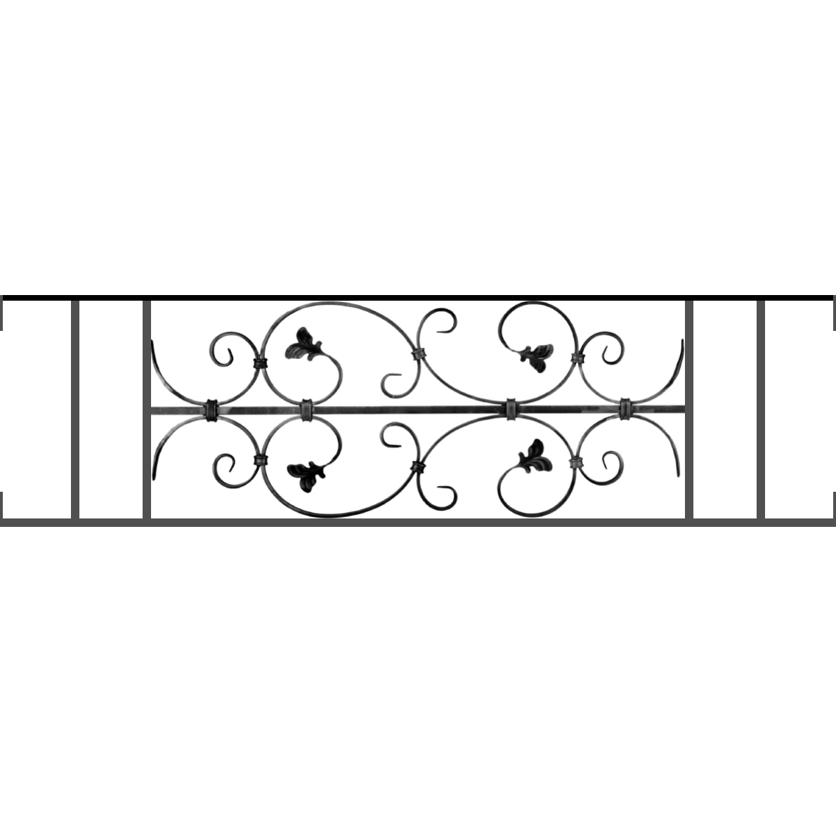 Appui de fenêtre type AF005 à visser dans votre tableau de fenêtre. Longueur finie de 1190mm et Hauteur finie de 310mm. Convient pour les tableaux de fenêtre de 1190mm. Main courante laminée de 1190mm de long en fer forgé sur le dessus. Motif au centre de 760mm de long par 290mm de haut. Le reste de la structure est en acier carré plein de 12mm de section.