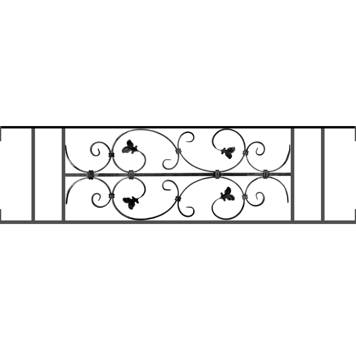 Appui de fenêtre type AF005 à visser dans votre tableau de fenêtre. Longueur finie de 1200mm et Hauteur finie de 310mm. Convient pour les tableaux de fenêtre de 1200mm. Main courante laminée de 1200mm de long en fer forgé sur le dessus. Motif au centre de 760mm de long par 290mm de haut. Le reste de la structure est en acier carré plein de 12mm de section.