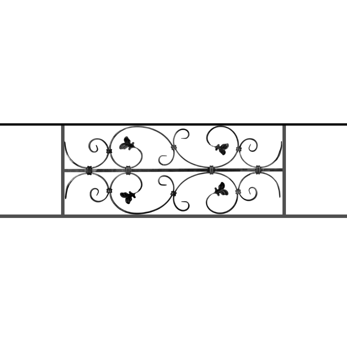 Appui de fenêtre type AF005 à sceller dans votre tableau de fenêtre. Longueur finie de 1210mm et Hauteur finie de 310mm. Convient pour les tableaux de fenêtre de 1110mm. 50mm de scellement sont prévue de chaque côté. Main courante laminée de 1110mm de long en fer forgé sur le dessus. Motif au centre de 760mm de long par 290mm de haut. Le reste de la structure est en acier carré plein de 12mm de section.