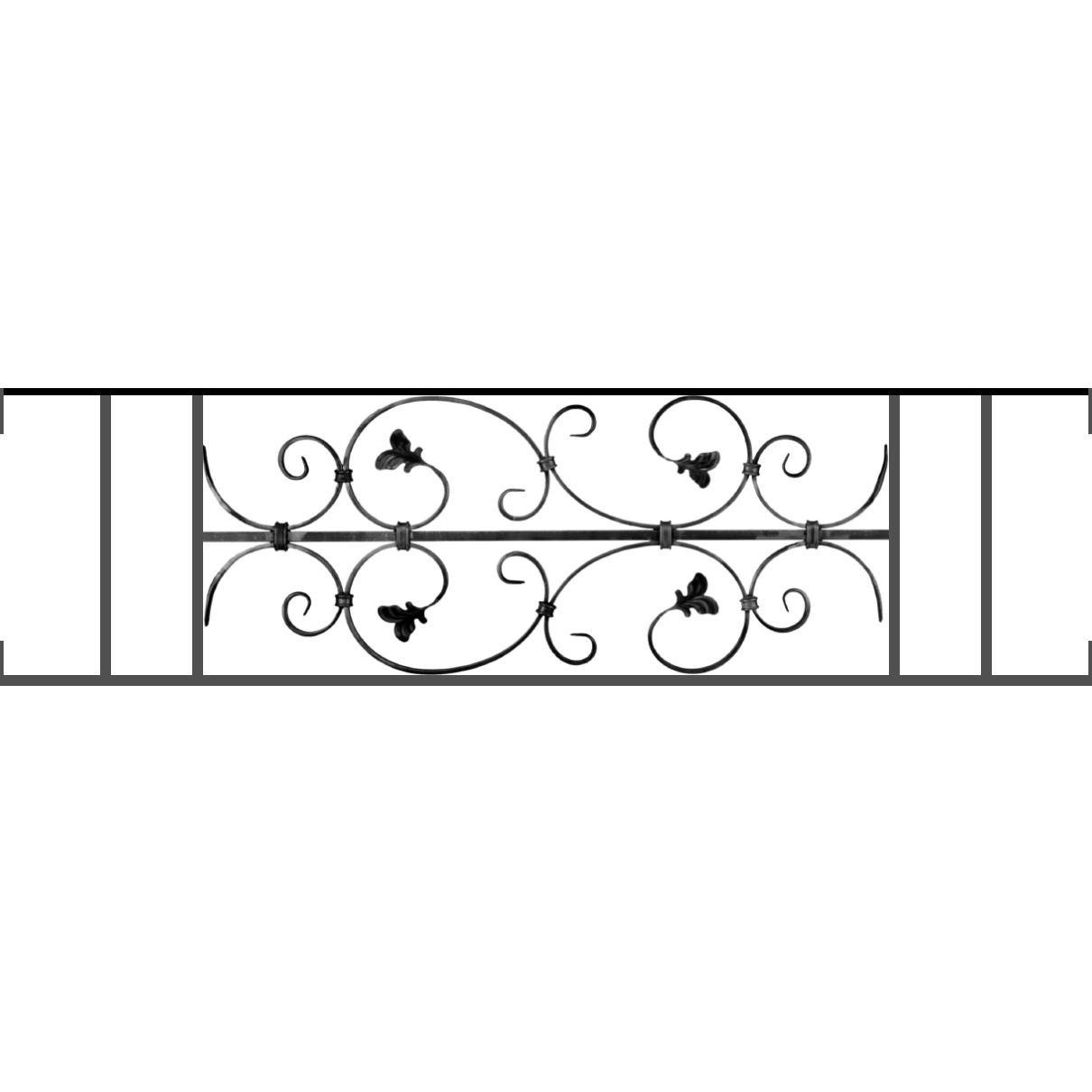 Appui de fenêtre type AF005 à visser dans votre tableau de fenêtre. Longueur finie de 1210mm et Hauteur finie de 310mm. Convient pour les tableaux de fenêtre de 1210mm. Main courante laminée de 1210mm de long en fer forgé sur le dessus. Motif au centre de 760mm de long par 290mm de haut. Le reste de la structure est en acier carré plein de 12mm de section.