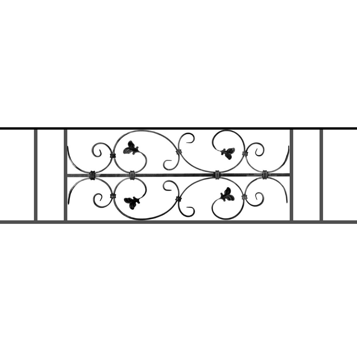 Appui de fenêtre type AF005 à sceller dans votre tableau de fenêtre. Longueur finie de 1220mm et Hauteur finie de 310mm. Convient pour les tableaux de fenêtre de 1120mm. 50mm de scellement sont prévue de chaque côté. Main courante laminée de 1120mm de long en fer forgé sur le dessus. Motif au centre de 760mm de long par 290mm de haut. Le reste de la structure est en acier carré plein de 12mm de section.