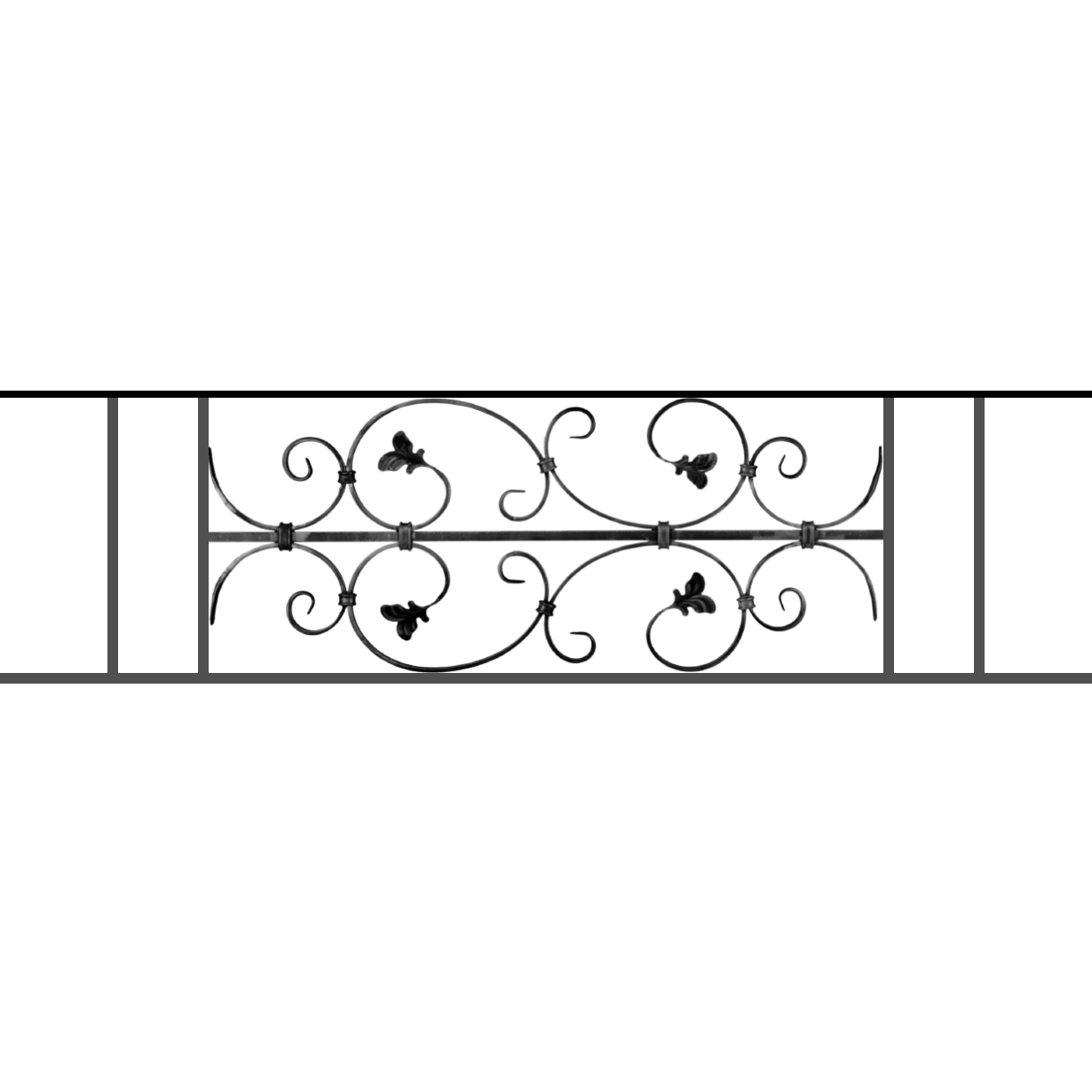 Appui de fenêtre type AF005 à sceller dans votre tableau de fenêtre. Longueur finie de 1230mm et Hauteur finie de 310mm. Convient pour les tableaux de fenêtre de 1130mm. 50mm de scellement sont prévue de chaque côté. Main courante laminée de 1130mm de long en fer forgé sur le dessus. Motif au centre de 760mm de long par 290mm de haut. Le reste de la structure est en acier carré plein de 12mm de section.