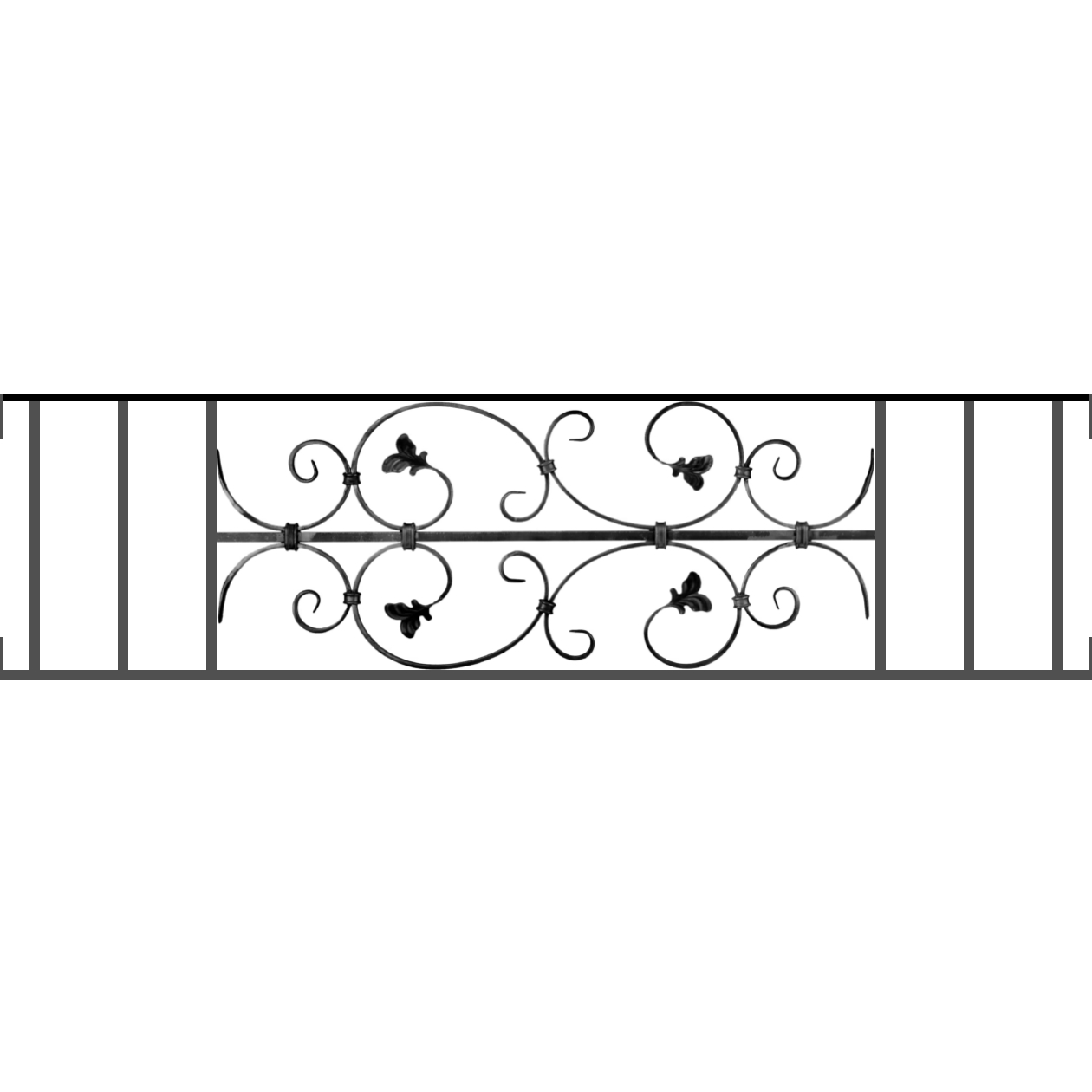 Appui de fenêtre type AF005 à visser dans votre tableau de fenêtre. Longueur finie de 1260mm et Hauteur finie de 310mm. Convient pour les tableaux de fenêtre de 1260mm. Main courante laminée de 1260mm de long en fer forgé sur le dessus. Motif au centre de 760mm de long par 290mm de haut. Le reste de la structure est en acier carré plein de 12mm de section.
