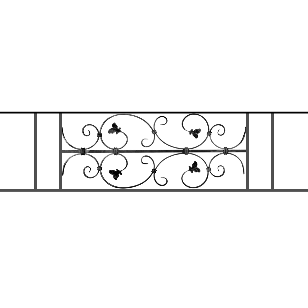Appui de fenêtre type AF005 à sceller dans votre tableau de fenêtre. Longueur finie de 1270mm et Hauteur finie de 310mm. Convient pour les tableaux de fenêtre de 1170mm. 50mm de scellement sont prévue de chaque côté. Main courante laminée de 1170mm de long en fer forgé sur le dessus. Motif au centre de 760mm de long par 290mm de haut. Le reste de la structure est en acier carré plein de 12mm de section.