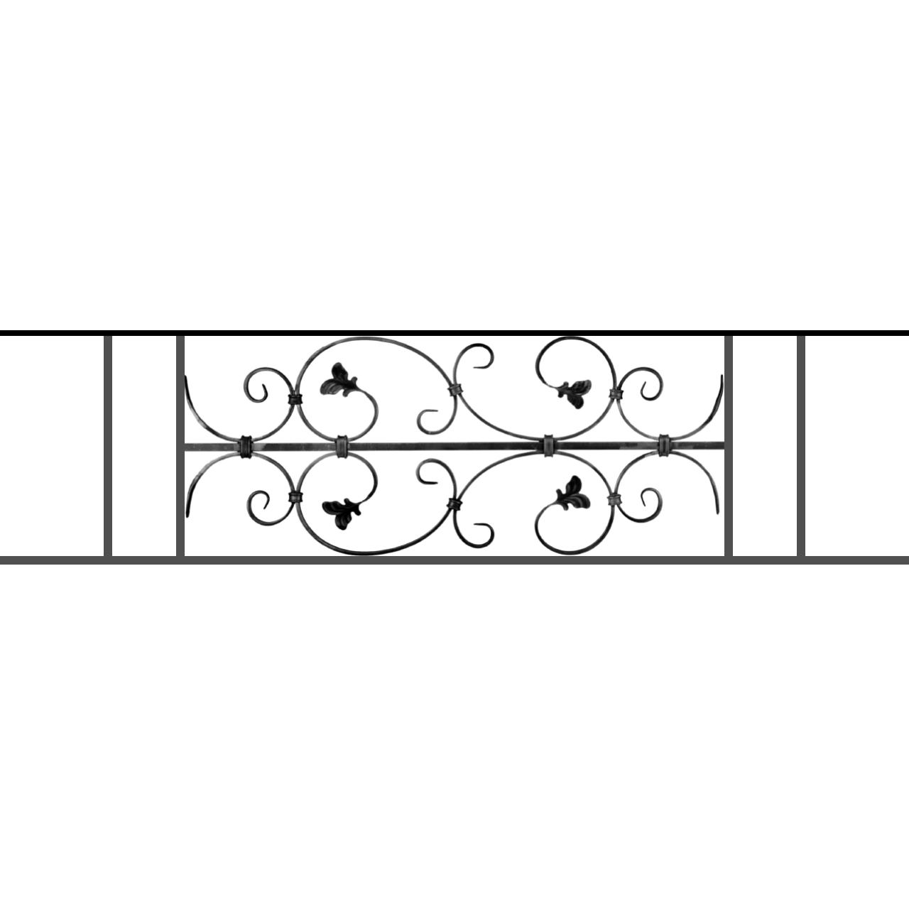 Appui de fenêtre type AF005 à sceller dans votre tableau de fenêtre. Longueur finie de 1280mm et Hauteur finie de 310mm. Convient pour les tableaux de fenêtre de 1180mm. 50mm de scellement sont prévue de chaque côté. Main courante laminée de 1180mm de long en fer forgé sur le dessus. Motif au centre de 760mm de long par 290mm de haut. Le reste de la structure est en acier carré plein de 12mm de section.