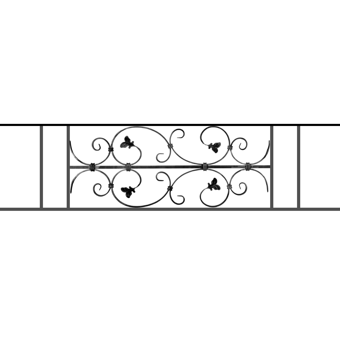 Appui de fenêtre type AF005 à sceller dans votre tableau de fenêtre. Longueur finie de 1290mm et Hauteur finie de 310mm. Convient pour les tableaux de fenêtre de 1190mm. 50mm de scellement sont prévue de chaque côté. Main courante laminée de 1190mm de long en fer forgé sur le dessus. Motif au centre de 760mm de long par 290mm de haut. Le reste de la structure est en acier carré plein de 12mm de section.