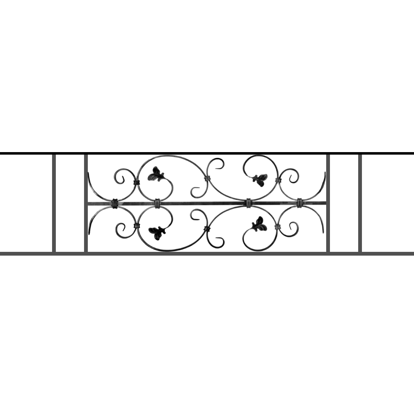 Appui de fenêtre type AF005 à sceller dans votre tableau de fenêtre. Longueur finie de 1320mm et Hauteur finie de 310mm. Convient pour les tableaux de fenêtre de 1220mm. 50mm de scellement sont prévue de chaque côté. Main courante laminée de 1220mm de long en fer forgé sur le dessus. Motif au centre de 760mm de long par 290mm de haut. Le reste de la structure est en acier carré plein de 12mm de section.
