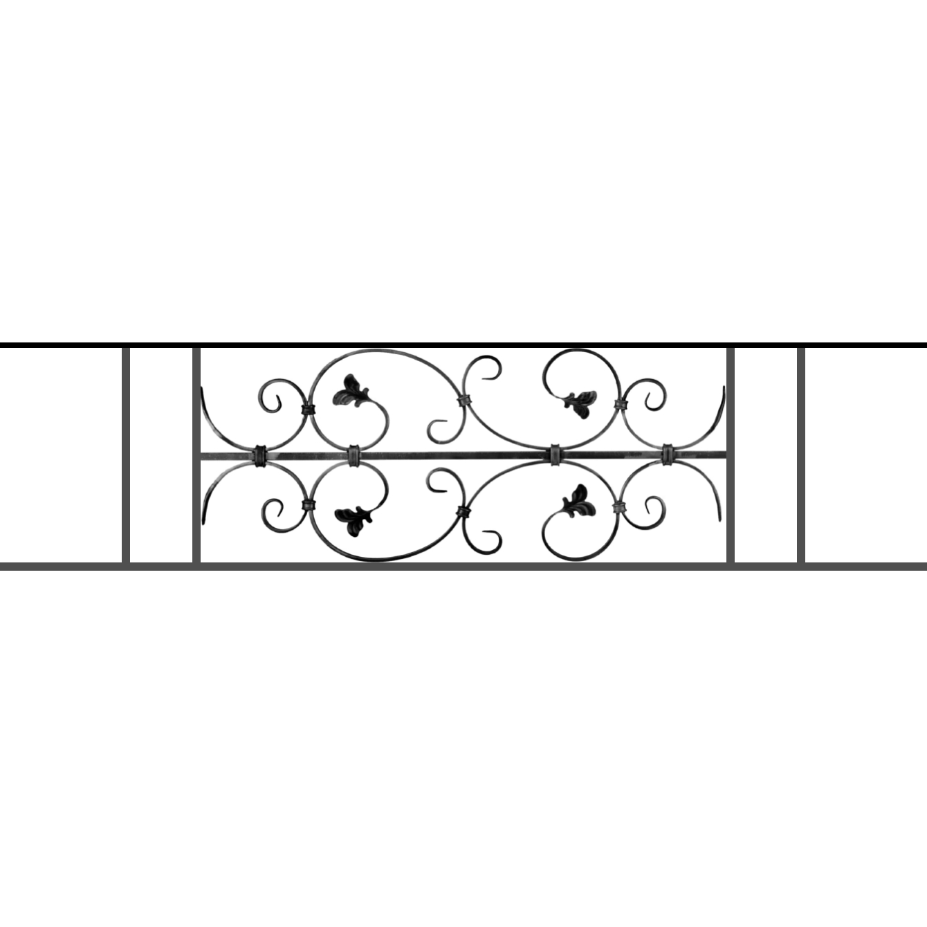 Appui de fenêtre type AF005 à sceller dans votre tableau de fenêtre. Longueur finie de 1340mm et Hauteur finie de 310mm. Convient pour les tableaux de fenêtre de 1240mm. 50mm de scellement sont prévue de chaque côté. Main courante laminée de 1240mm de long en fer forgé sur le dessus. Motif au centre de 760mm de long par 290mm de haut. Le reste de la structure est en acier carré plein de 12mm de section.