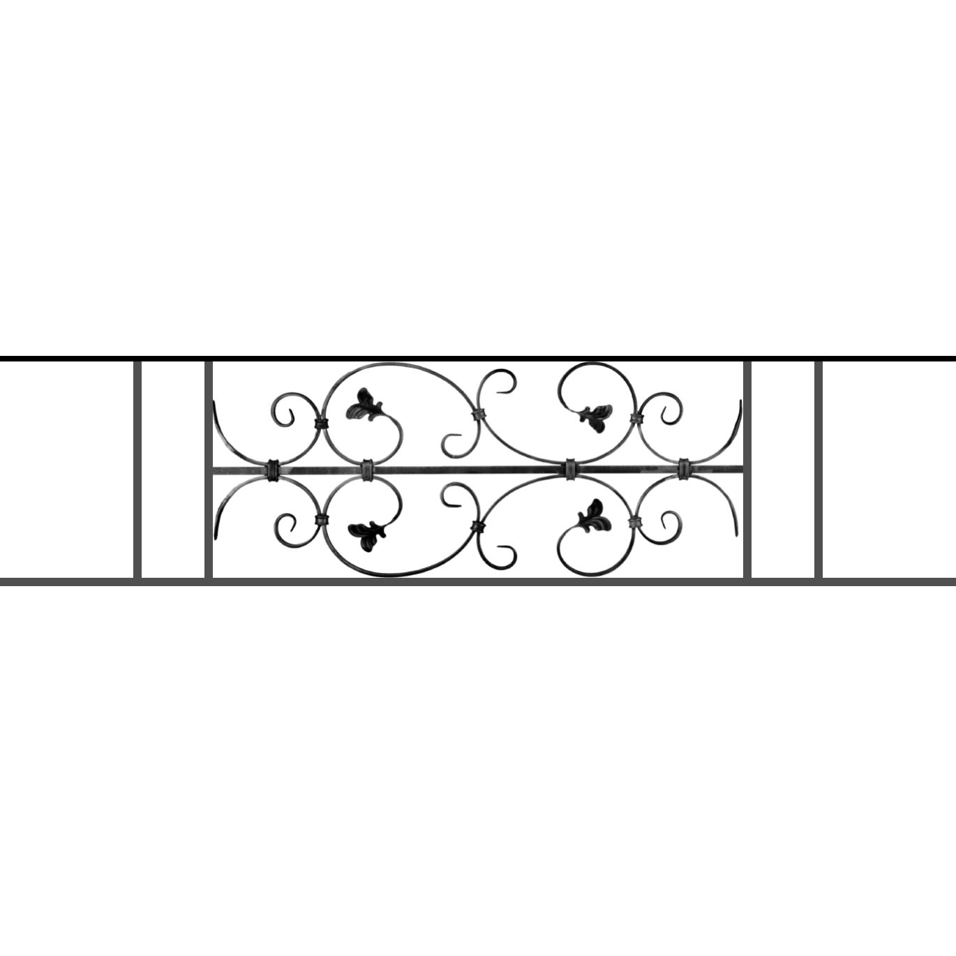 Appui de fenêtre type AF005 à sceller dans votre tableau de fenêtre. Longueur finie de 1370mm et Hauteur finie de 310mm. Convient pour les tableaux de fenêtre de 1270mm. 50mm de scellement sont prévue de chaque côté. Main courante laminée de 1270mm de long en fer forgé sur le dessus. Motif au centre de 760mm de long par 290mm de haut. Le reste de la structure est en acier carré plein de 12mm de section.