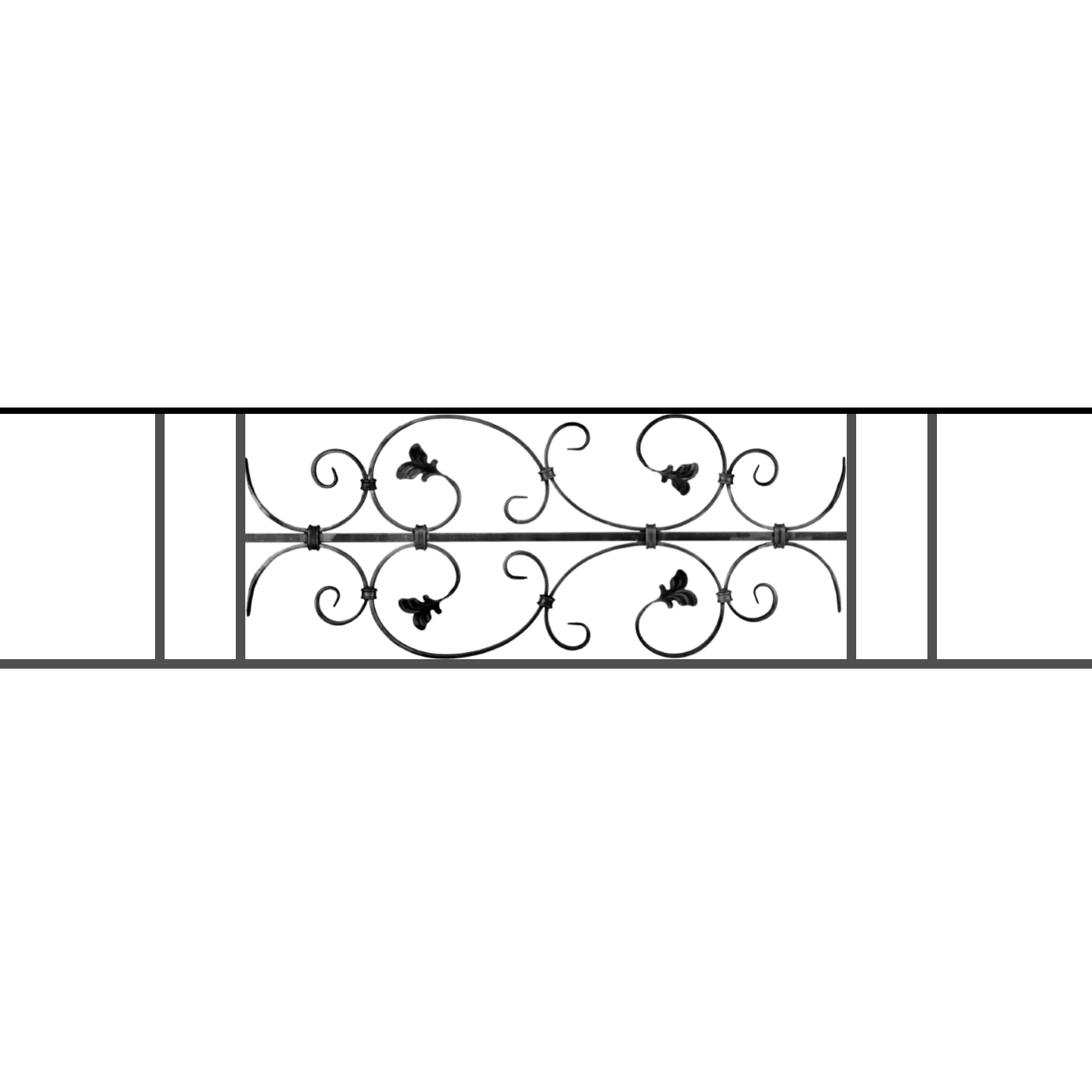 Appui de fenêtre type AF005 à sceller dans votre tableau de fenêtre. Longueur finie de 1380mm et Hauteur finie de 310mm. Convient pour les tableaux de fenêtre de 1280mm. 50mm de scellement sont prévue de chaque côté. Main courante laminée de 1280mm de long en fer forgé sur le dessus. Motif au centre de 760mm de long par 290mm de haut. Le reste de la structure est en acier carré plein de 12mm de section.