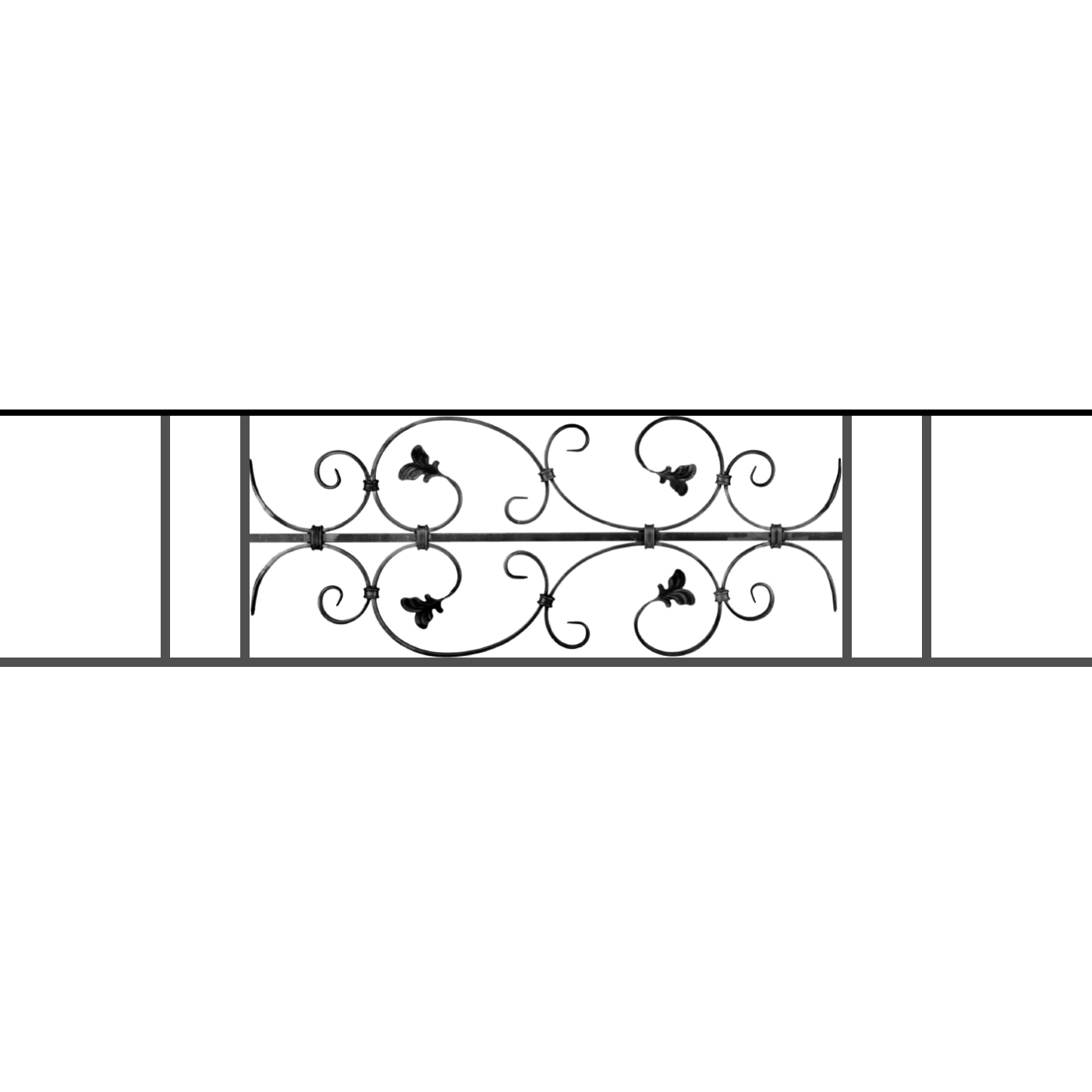 Appui de fenêtre type AF005 à sceller dans votre tableau de fenêtre. Longueur finie de 1400mm et Hauteur finie de 310mm. Convient pour les tableaux de fenêtre de 1300mm. 50mm de scellement sont prévue de chaque côté. Main courante laminée de 1300mm de long en fer forgé sur le dessus. Motif au centre de 760mm de long par 290mm de haut. Le reste de la structure est en acier carré plein de 12mm de section.