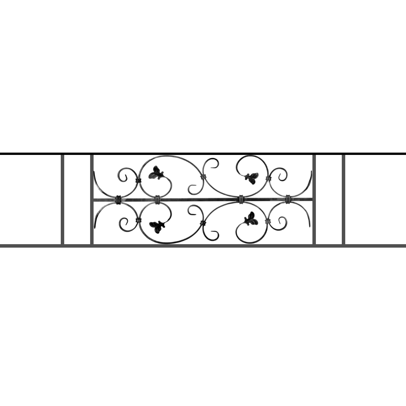 Appui de fenêtre type AF005 à sceller dans votre tableau de fenêtre. Longueur finie de 1410mm et Hauteur finie de 310mm. Convient pour les tableaux de fenêtre de 1310mm. 50mm de scellement sont prévue de chaque côté. Main courante laminée de 1310mm de long en fer forgé sur le dessus. Motif au centre de 760mm de long par 290mm de haut. Le reste de la structure est en acier carré plein de 12mm de section.