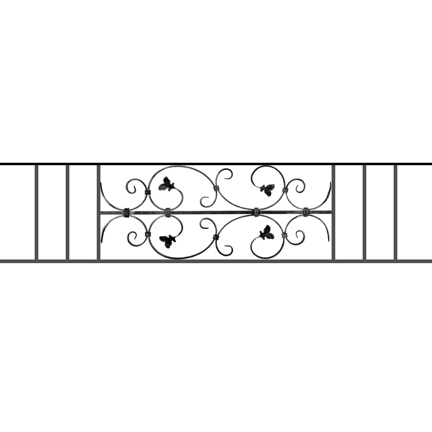 Appui de fenêtre type AF005 à sceller dans votre tableau de fenêtre. Longueur finie de 1420mm et Hauteur finie de 310mm. Convient pour les tableaux de fenêtre de 1320mm. 50mm de scellement sont prévue de chaque côté. Main courante laminée de 1320mm de long en fer forgé sur le dessus. Motif au centre de 760mm de long par 290mm de haut. Le reste de la structure est en acier carré plein de 12mm de section.