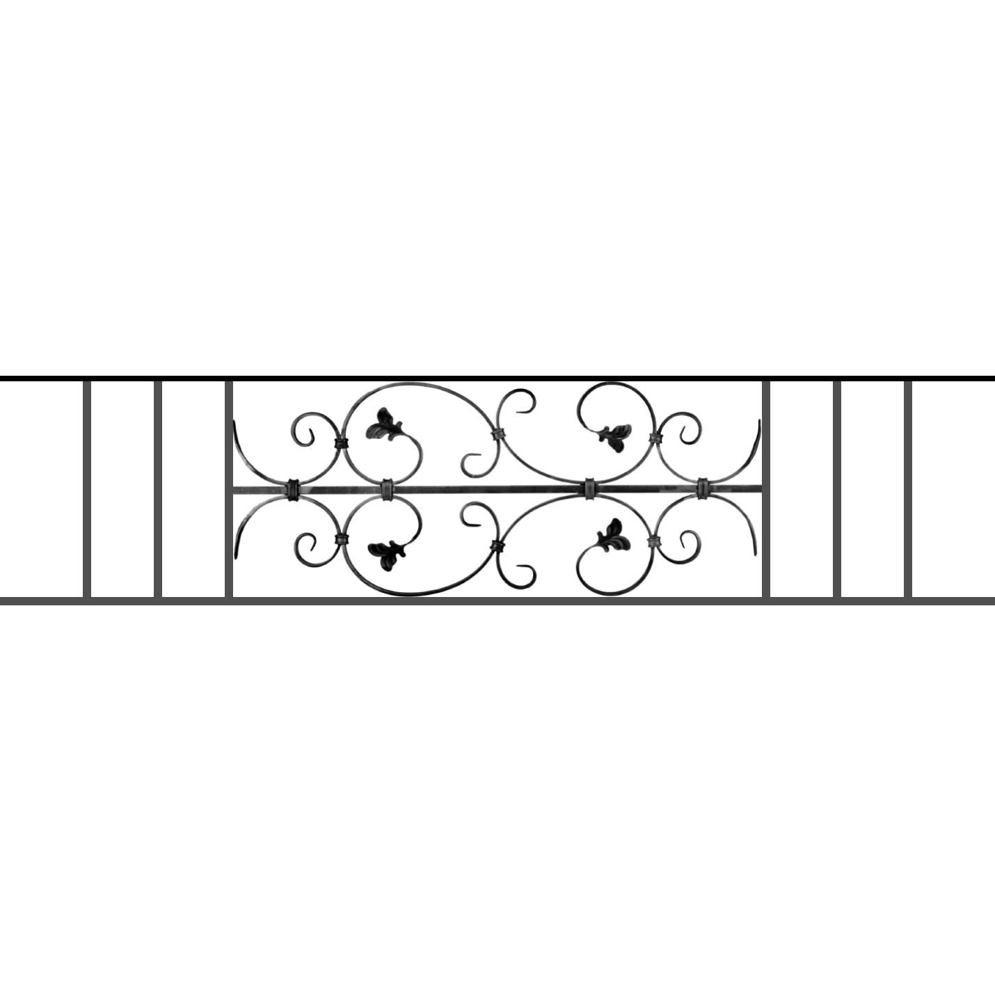 Appui de fenêtre type AF005 à sceller dans votre tableau de fenêtre. Longueur finie de 1430mm et Hauteur finie de 310mm. Convient pour les tableaux de fenêtre de 1330mm. 50mm de scellement sont prévue de chaque côté. Main courante laminée de 1330mm de long en fer forgé sur le dessus. Motif au centre de 760mm de long par 290mm de haut. Le reste de la structure est en acier carré plein de 12mm de section.