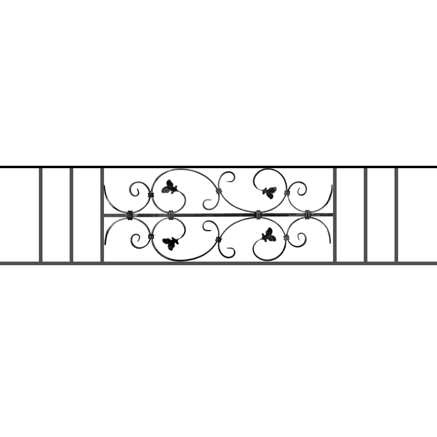 Appui de fenêtre type AF005 à sceller dans votre tableau de fenêtre. Longueur finie de 1450mm et Hauteur finie de 310mm. Convient pour les tableaux de fenêtre de 1350mm. 50mm de scellement sont prévue de chaque côté. Main courante laminée de 1350mm de long en fer forgé sur le dessus. Motif au centre de 760mm de long par 290mm de haut. Le reste de la structure est en acier carré plein de 12mm de section.
