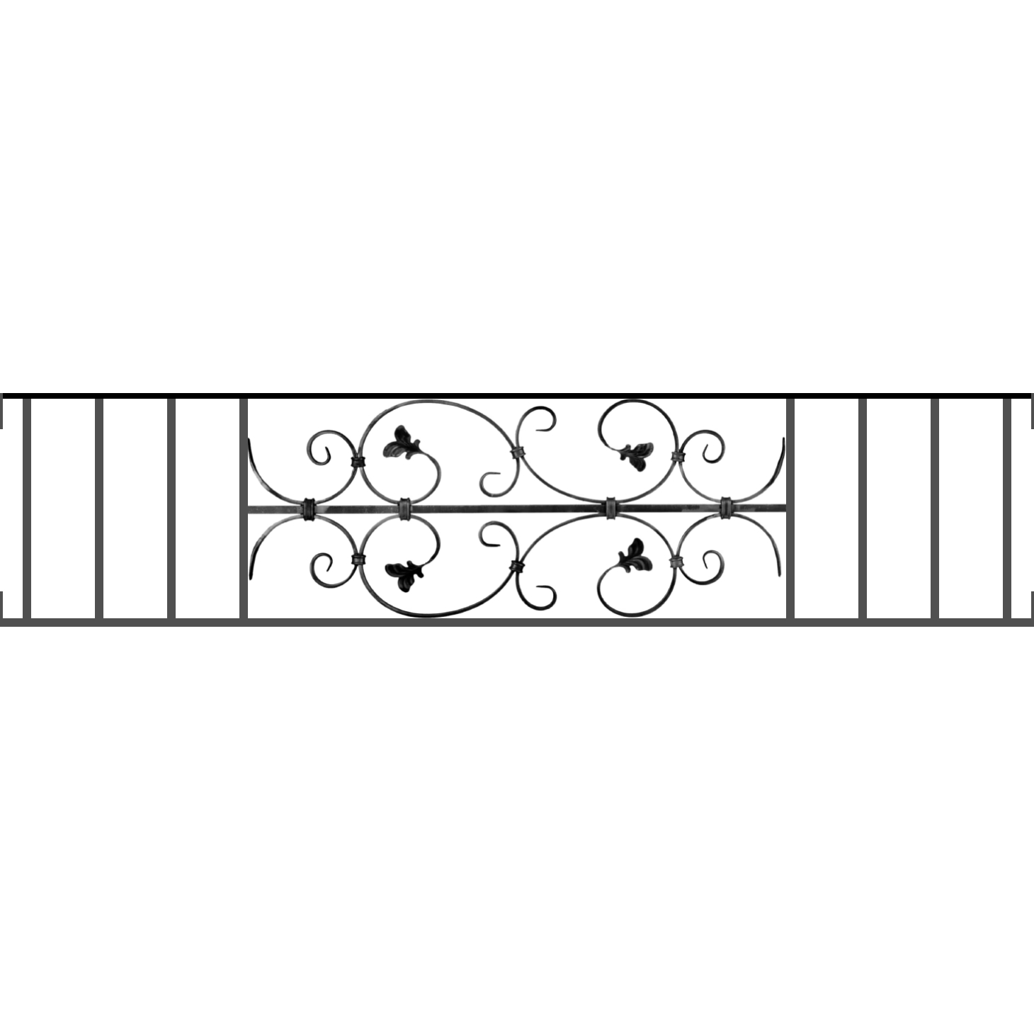 Appui de fenêtre type AF005 à visser dans votre tableau de fenêtre. Longueur finie de 1460mm et Hauteur finie de 310mm. Convient pour les tableaux de fenêtre de 1460mm. Main courante laminée de 1460mm de long en fer forgé sur le dessus. Motif au centre de 760mm de long par 290mm de haut. Le reste de la structure est en acier carré plein de 12mm de section.