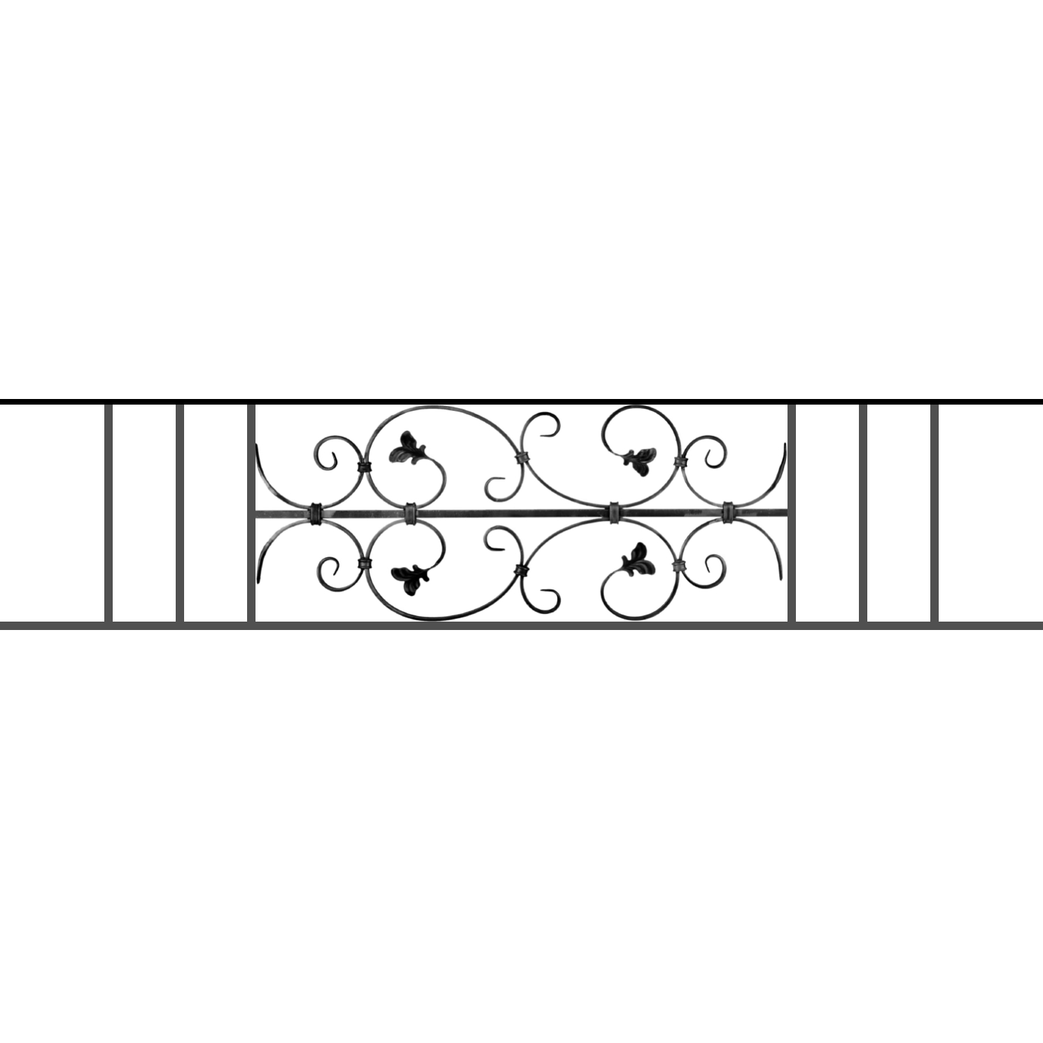 Appui de fenêtre type AF005 à sceller dans votre tableau de fenêtre. Longueur finie de 1490mm et Hauteur finie de 310mm. Convient pour les tableaux de fenêtre de 1390mm. 50mm de scellement sont prévue de chaque côté. Main courante laminée de 1390mm de long en fer forgé sur le dessus. Motif au centre de 760mm de long par 290mm de haut. Le reste de la structure est en acier carré plein de 12mm de section.