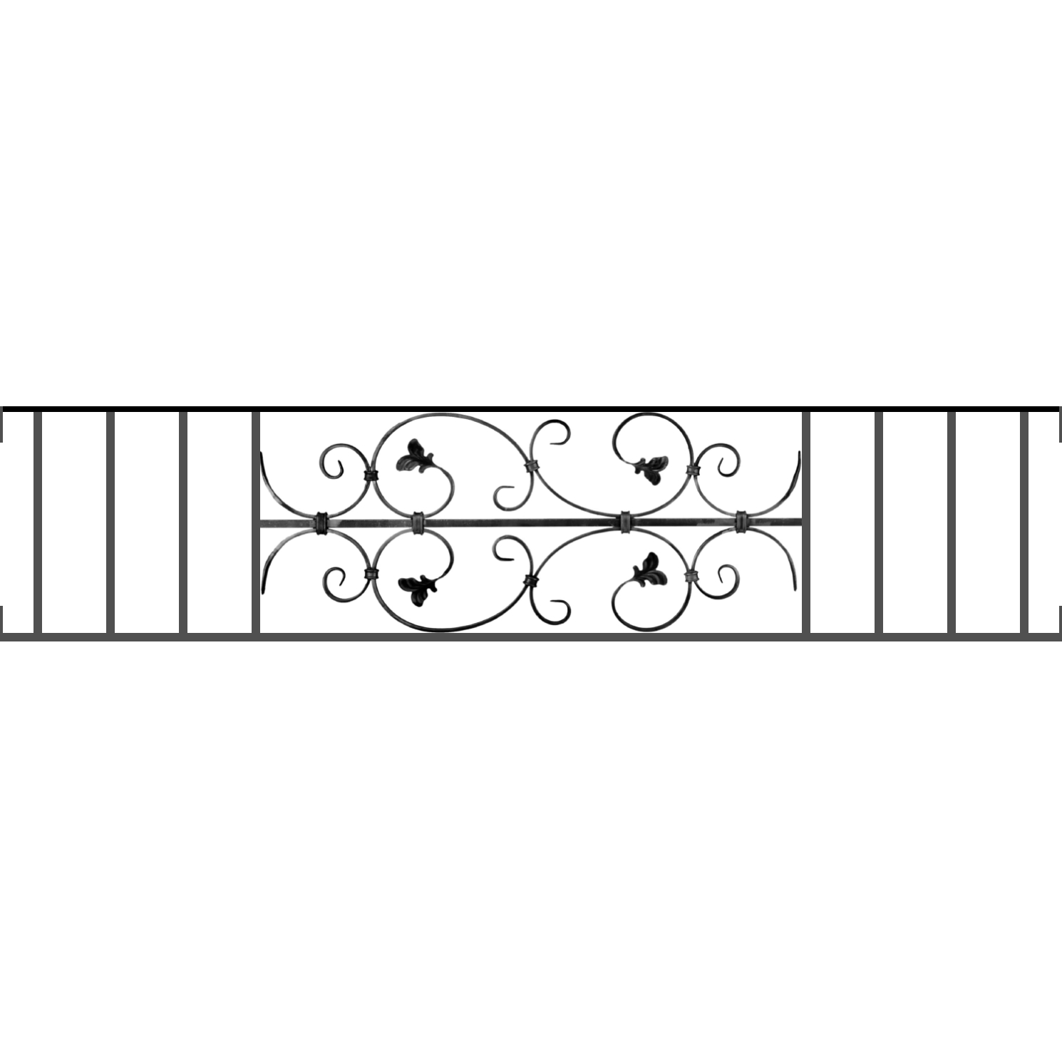 Appui de fenêtre type AF005 à visser dans votre tableau de fenêtre. Longueur finie de 1490mm et Hauteur finie de 310mm. Convient pour les tableaux de fenêtre de 1490mm. Main courante laminée de 1490mm de long en fer forgé sur le dessus. Motif au centre de 760mm de long par 290mm de haut. Le reste de la structure est en acier carré plein de 12mm de section.