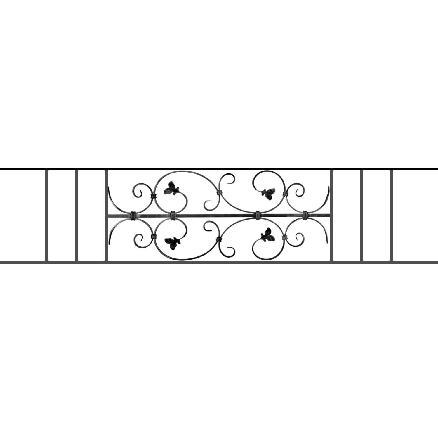 Appui de fenêtre type AF005 à sceller dans votre tableau de fenêtre. Longueur finie de 1500mm et Hauteur finie de 310mm. Convient pour les tableaux de fenêtre de 1400mm. 50mm de scellement sont prévue de chaque côté. Main courante laminée de 1400mm de long en fer forgé sur le dessus. Motif au centre de 760mm de long par 290mm de haut. Le reste de la structure est en acier carré plein de 12mm de section.