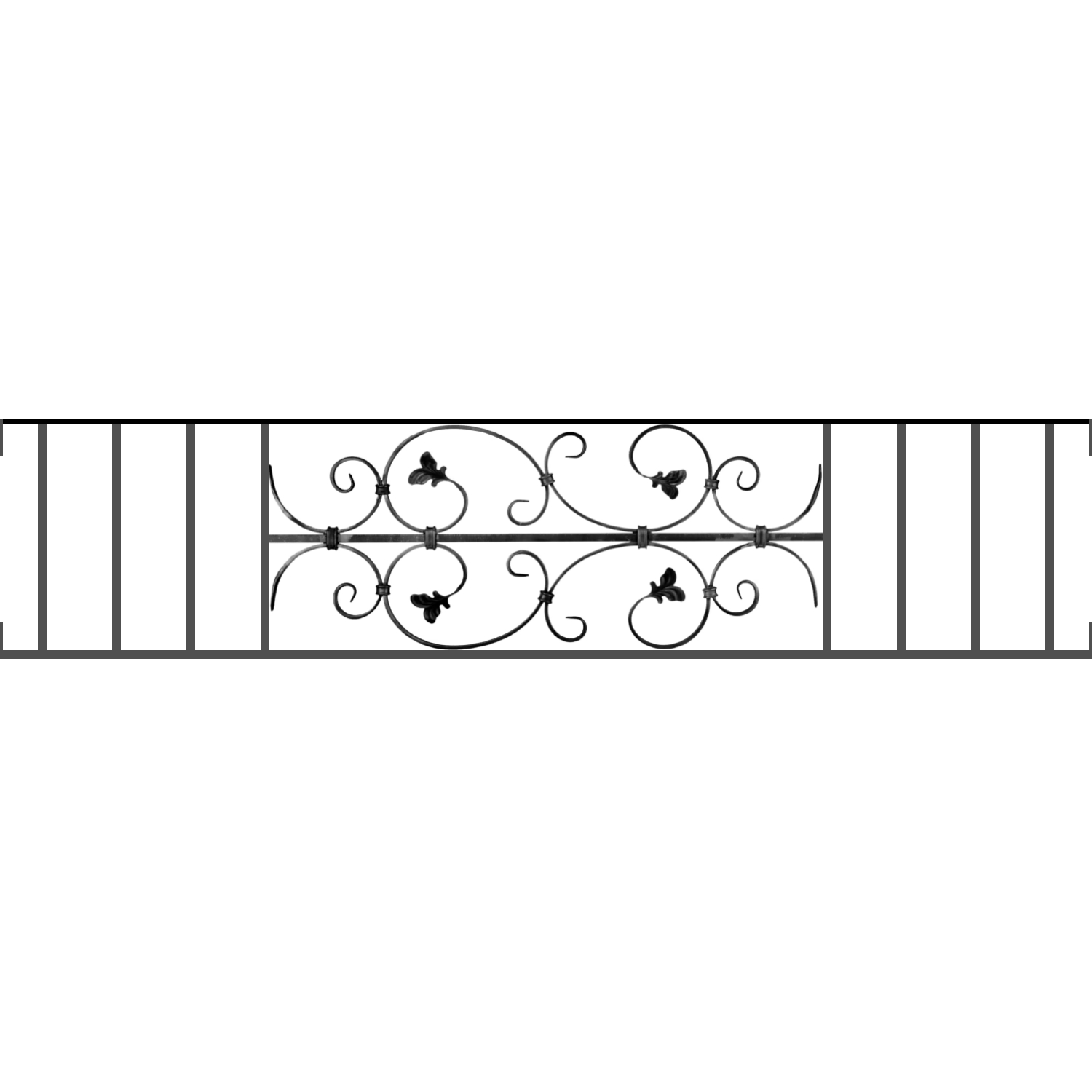 Appui de fenêtre type AF005 à visser dans votre tableau de fenêtre. Longueur finie de 1500mm et Hauteur finie de 310mm. Convient pour les tableaux de fenêtre de 1500mm. Main courante laminée de 1500mm de long en fer forgé sur le dessus. Motif au centre de 760mm de long par 290mm de haut. Le reste de la structure est en acier carré plein de 12mm de section.