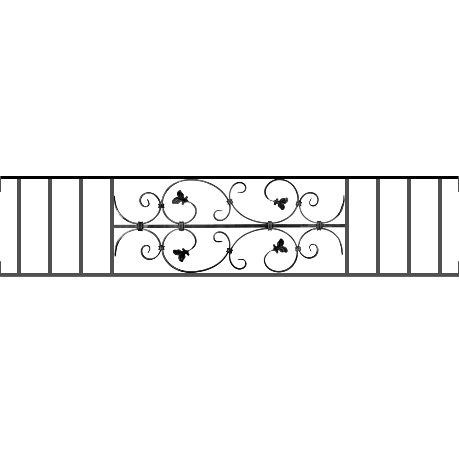 Appui de fenêtre type AF005 à visser dans votre tableau de fenêtre. Longueur finie de 1510mm et Hauteur finie de 310mm. Convient pour les tableaux de fenêtre de 1510mm. Main courante laminée de 1510mm de long en fer forgé sur le dessus. Motif au centre de 760mm de long par 290mm de haut. Le reste de la structure est en acier carré plein de 12mm de section.