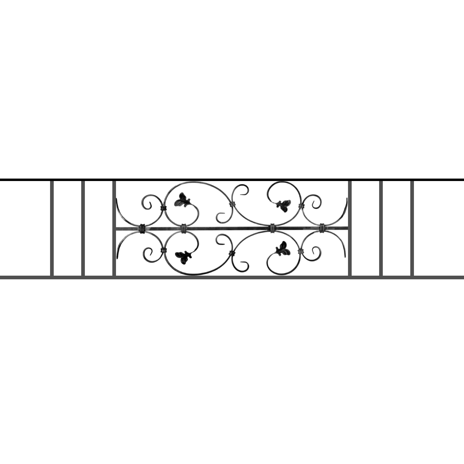 Appui de fenêtre type AF005 à sceller dans votre tableau de fenêtre. Longueur finie de 1520mm et Hauteur finie de 310mm. Convient pour les tableaux de fenêtre de 1420mm. 50mm de scellement sont prévue de chaque côté. Main courante laminée de 1420mm de long en fer forgé sur le dessus. Motif au centre de 760mm de long par 290mm de haut. Le reste de la structure est en acier carré plein de 12mm de section.