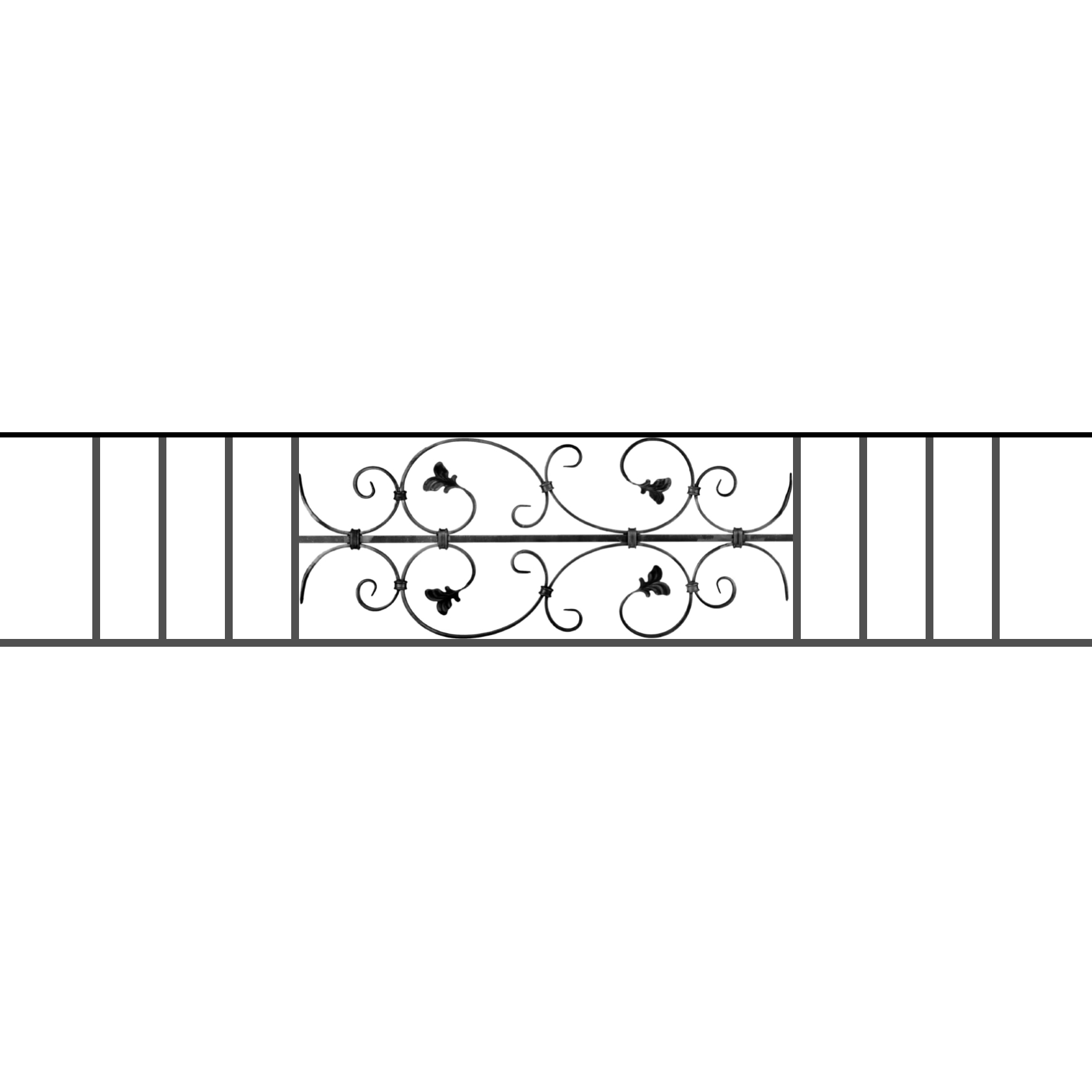 Appui de fenêtre type AF005 à sceller dans votre tableau de fenêtre. Longueur finie de 1680mm et Hauteur finie de 310mm. Convient pour les tableaux de fenêtre de 1580mm. 50mm de scellement sont prévue de chaque côté. Main courante laminée de 1580mm de long en fer forgé sur le dessus. Motif au centre de 760mm de long par 290mm de haut. Le reste de la structure est en acier carré plein de 12mm de section.