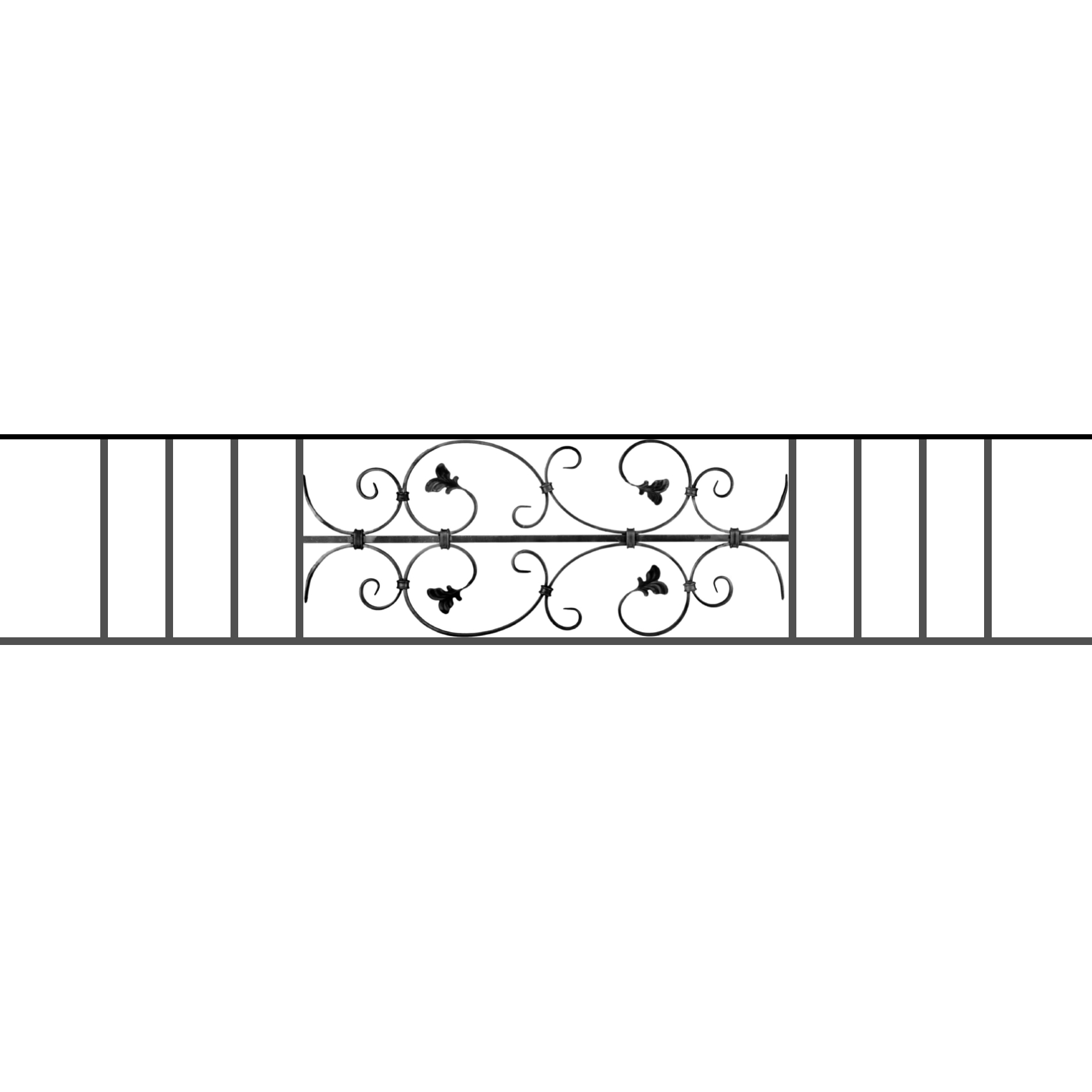 Appui de fenêtre type AF005 à sceller dans votre tableau de fenêtre. Longueur finie de 1710mm et Hauteur finie de 310mm. Convient pour les tableaux de fenêtre de 1610mm. 50mm de scellement sont prévue de chaque côté. Main courante laminée de 1610mm de long en fer forgé sur le dessus. Motif au centre de 760mm de long par 290mm de haut. Le reste de la structure est en acier carré plein de 12mm de section.