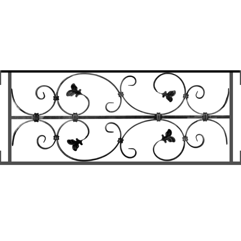 Appui de fenêtre type AF005 à visser dans votre tableau de fenêtre. Longueur finie de 840mm et Hauteur finie de 310mm. Convient pour les tableaux de fenêtre de 840mm. Main courante laminée de 840mm de long en fer forgé sur le dessus. Motif au centre de 760mm de long par 290mm de haut. Le reste de la structure est en acier carré plein de 12mm de section.