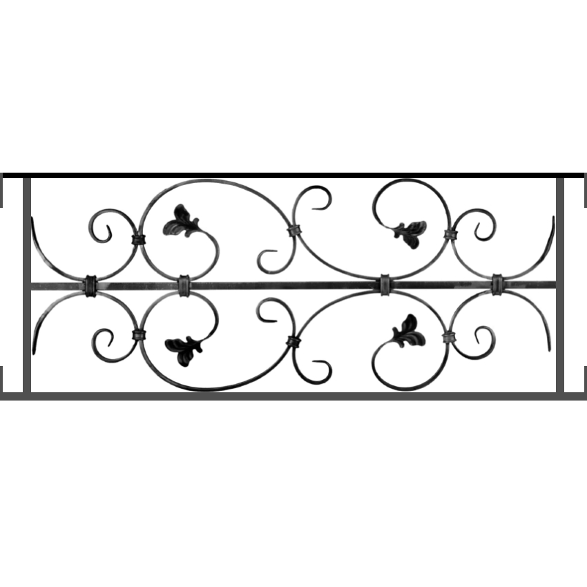 Appui de fenêtre type AF005 à visser dans votre tableau de fenêtre. Longueur finie de 850mm et Hauteur finie de 310mm. Convient pour les tableaux de fenêtre de 850mm. Main courante laminée de 850mm de long en fer forgé sur le dessus. Motif au centre de 760mm de long par 290mm de haut. Le reste de la structure est en acier carré plein de 12mm de section.