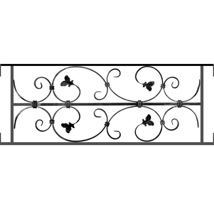 Appui de fenêtre type AF005 à visser dans votre tableau de fenêtre. Longueur finie de 870mm et Hauteur finie de 310mm. Convient pour les tableaux de fenêtre de 870mm. Main courante laminée de 870mm de long en fer forgé sur le dessus. Motif au centre de 760mm de long par 290mm de haut. Le reste de la structure est en acier carré plein de 12mm de section.