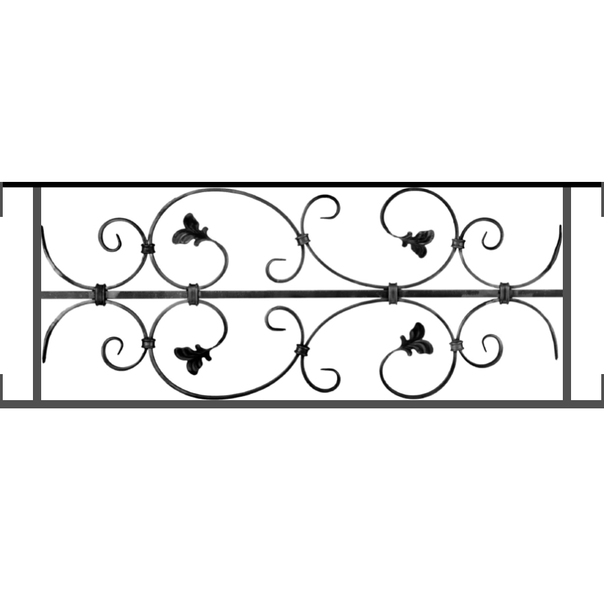 Appui de fenêtre type AF005 à visser dans votre tableau de fenêtre. Longueur finie de 880mm et Hauteur finie de 310mm. Convient pour les tableaux de fenêtre de 880mm. Main courante laminée de 880mm de long en fer forgé sur le dessus. Motif au centre de 760mm de long par 290mm de haut. Le reste de la structure est en acier carré plein de 12mm de section.