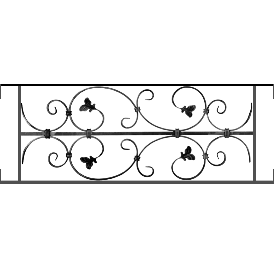 Appui de fenêtre type AF005 à visser dans votre tableau de fenêtre. Longueur finie de 900mm et Hauteur finie de 310mm. Convient pour les tableaux de fenêtre de 900mm. Main courante laminée de 900mm de long en fer forgé sur le dessus. Motif au centre de 760mm de long par 290mm de haut. Le reste de la structure est en acier carré plein de 12mm de section.