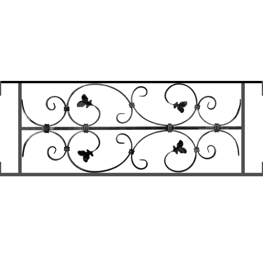 Appui de fenêtre type AF005 à visser dans votre tableau de fenêtre. Longueur finie de 910mm et Hauteur finie de 310mm. Convient pour les tableaux de fenêtre de 910mm. Main courante laminée de 910mm de long en fer forgé sur le dessus. Motif au centre de 760mm de long par 290mm de haut. Le reste de la structure est en acier carré plein de 12mm de section.