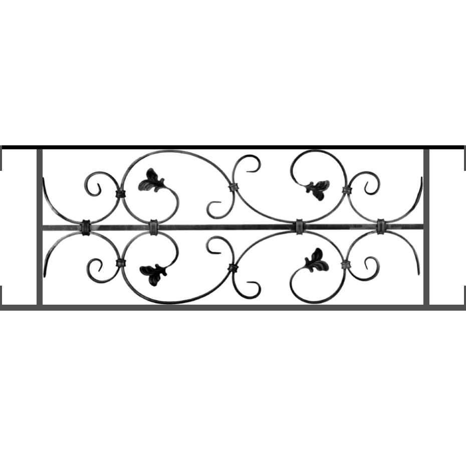 Appui de fenêtre type AF005 à visser dans votre tableau de fenêtre. Longueur finie de 930mm et Hauteur finie de 310mm. Convient pour les tableaux de fenêtre de 930mm. Main courante laminée de 930mm de long en fer forgé sur le dessus. Motif au centre de 760mm de long par 290mm de haut. Le reste de la structure est en acier carré plein de 12mm de section.
