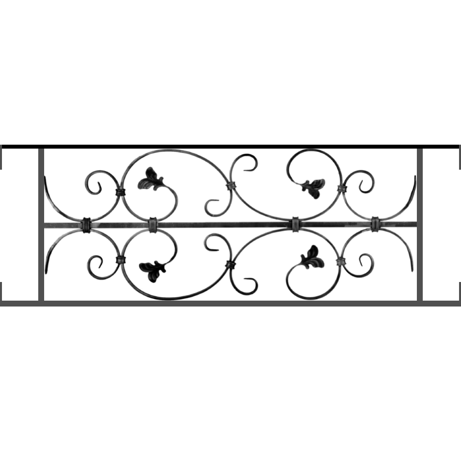 Appui de fenêtre type AF005 à visser dans votre tableau de fenêtre. Longueur finie de 940mm et Hauteur finie de 310mm. Convient pour les tableaux de fenêtre de 940mm. Main courante laminée de 940mm de long en fer forgé sur le dessus. Motif au centre de 760mm de long par 290mm de haut. Le reste de la structure est en acier carré plein de 12mm de section.