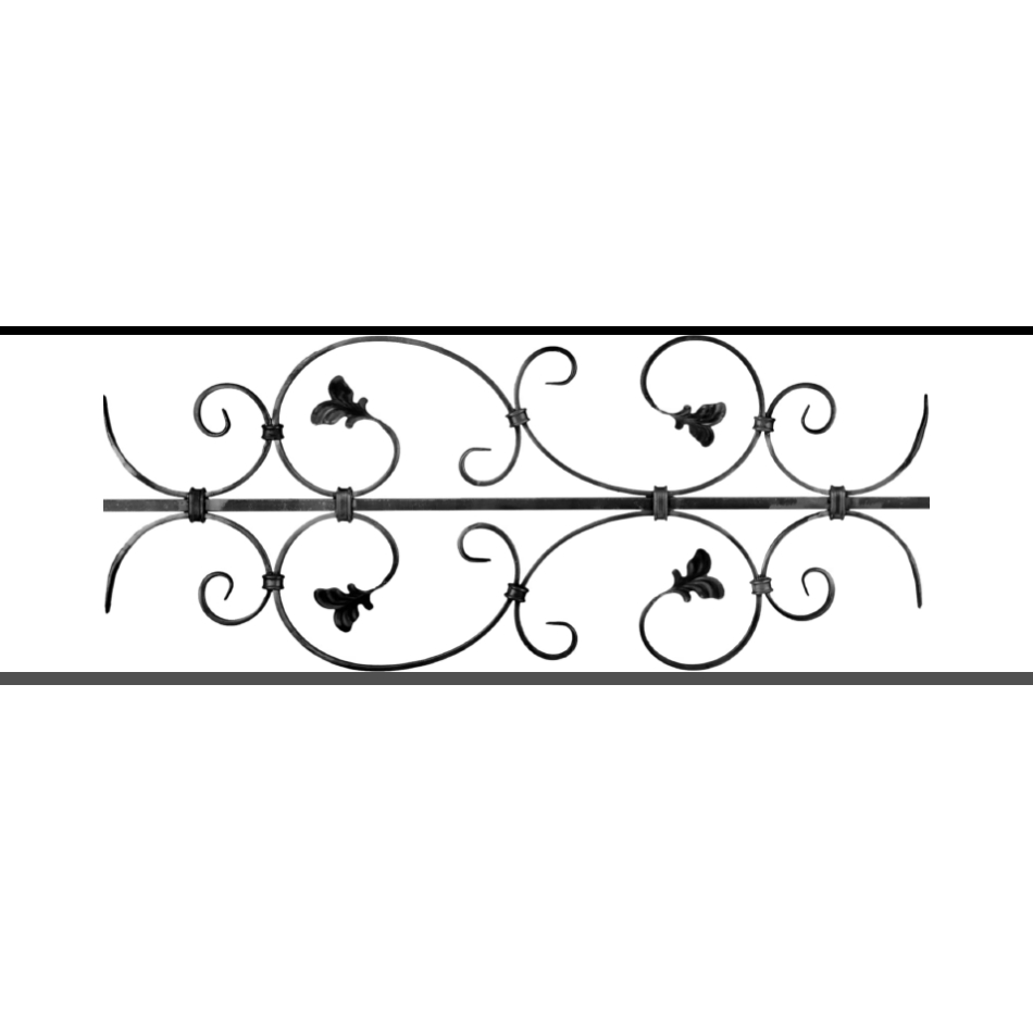 Appui de fenêtre type AF005 à sceller dans votre tableau de fenêtre. Longueur finie de 950mm et Hauteur finie de 310mm. Convient pour les tableaux de fenêtre de 850mm. 50mm de scellement sont prévue de chaque côté. Main courante laminée de 850mm de long en fer forgé sur le dessus. Motif au centre de 760mm de long par 290mm de haut. Le reste de la structure est en acier carré plein de 12mm de section.