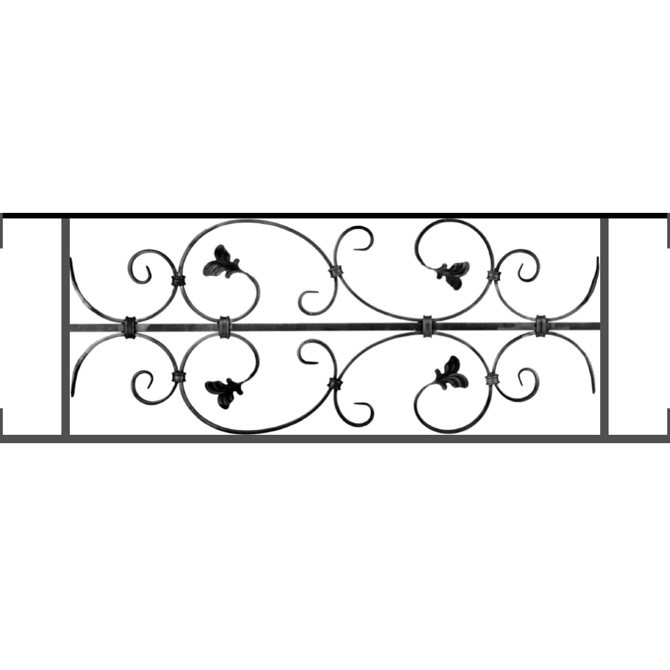 Appui de fenêtre type AF005 à visser dans votre tableau de fenêtre. Longueur finie de 960mm et Hauteur finie de 310mm. Convient pour les tableaux de fenêtre de 960mm. Main courante laminée de 960mm de long en fer forgé sur le dessus. Motif au centre de 760mm de long par 290mm de haut. Le reste de la structure est en acier carré plein de 12mm de section.