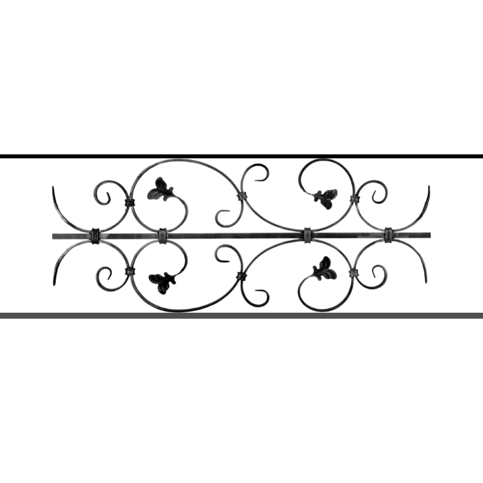 Appui de fenêtre type AF005 à sceller dans votre tableau de fenêtre. Longueur finie de 970mm et Hauteur finie de 310mm. Convient pour les tableaux de fenêtre de 870mm. 50mm de scellement sont prévue de chaque côté. Main courante laminée de 870mm de long en fer forgé sur le dessus. Motif au centre de 760mm de long par 290mm de haut. Le reste de la structure est en acier carré plein de 12mm de section.