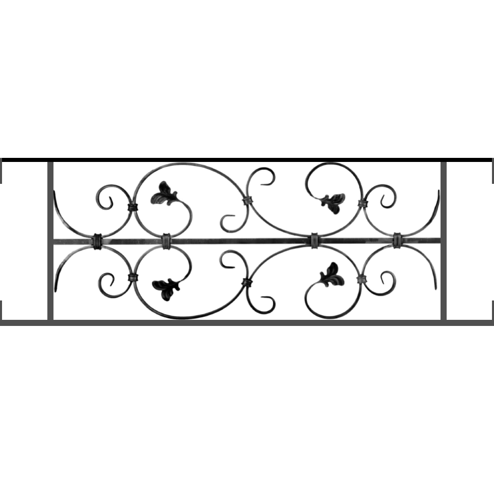 Appui de fenêtre type AF005 à visser dans votre tableau de fenêtre. Longueur finie de 970mm et Hauteur finie de 310mm. Convient pour les tableaux de fenêtre de 970mm. Main courante laminée de 970mm de long en fer forgé sur le dessus. Motif au centre de 760mm de long par 290mm de haut. Le reste de la structure est en acier carré plein de 12mm de section.