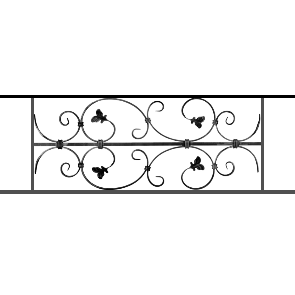 Appui de fenêtre type AF005 à sceller dans votre tableau de fenêtre. Longueur finie de 990mm et Hauteur finie de 310mm. Convient pour les tableaux de fenêtre de 890mm. 50mm de scellement sont prévue de chaque côté. Main courante laminée de 890mm de long en fer forgé sur le dessus. Motif au centre de 760mm de long par 290mm de haut. Le reste de la structure est en acier carré plein de 12mm de section.
