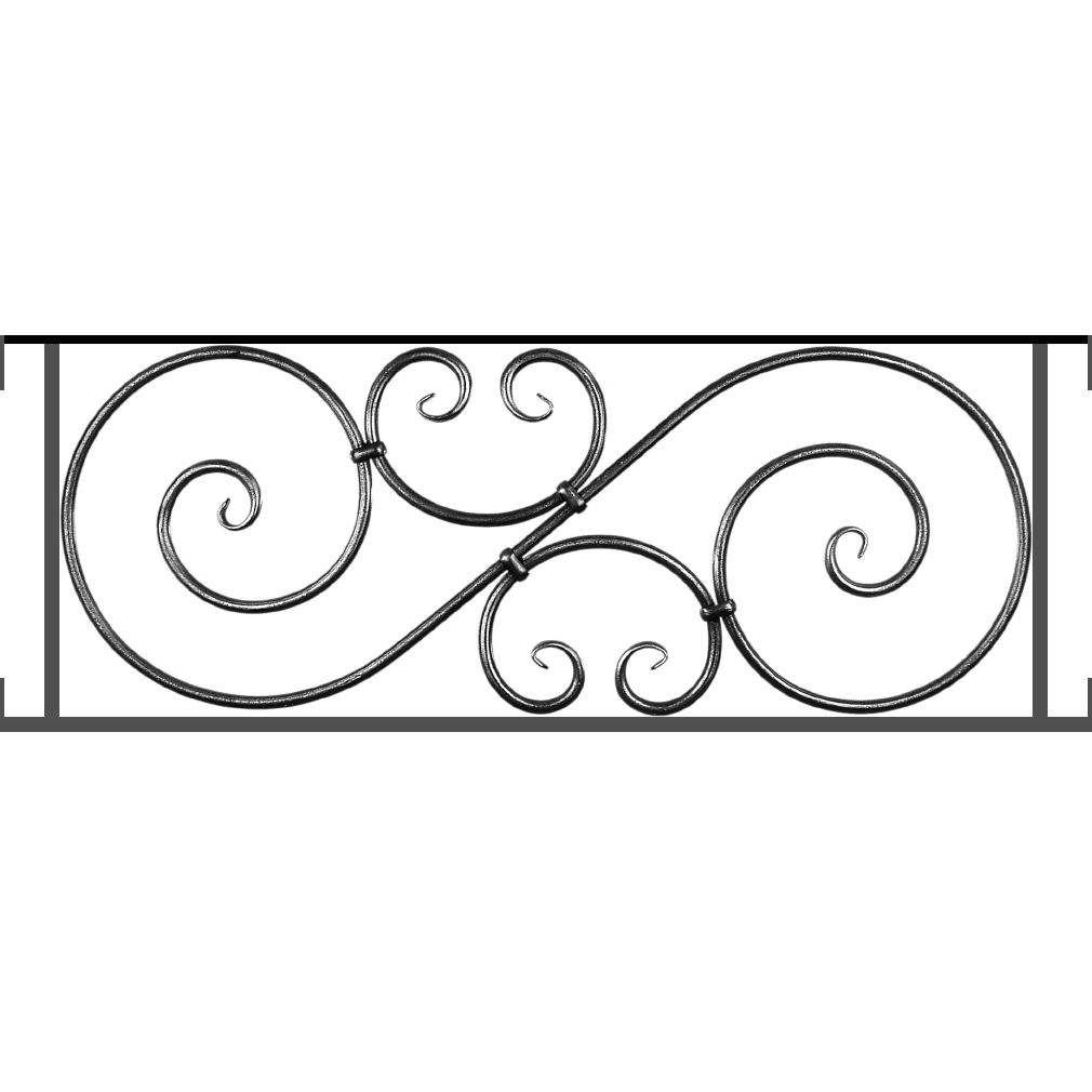 Appui de fenêtre type AF007 à visser dans votre tableau de fenêtre. Longueur finie de 1010mm et Hauteur finie de 367mm. Convient pour les tableaux de fenêtre de 1010mm. Main courante laminée de 1010mm de long en fer forgé sur le dessus. Motif au centre de 900mm de long par 345mm de haut. Le reste de la structure est en acier carré plein de 14mm de section.