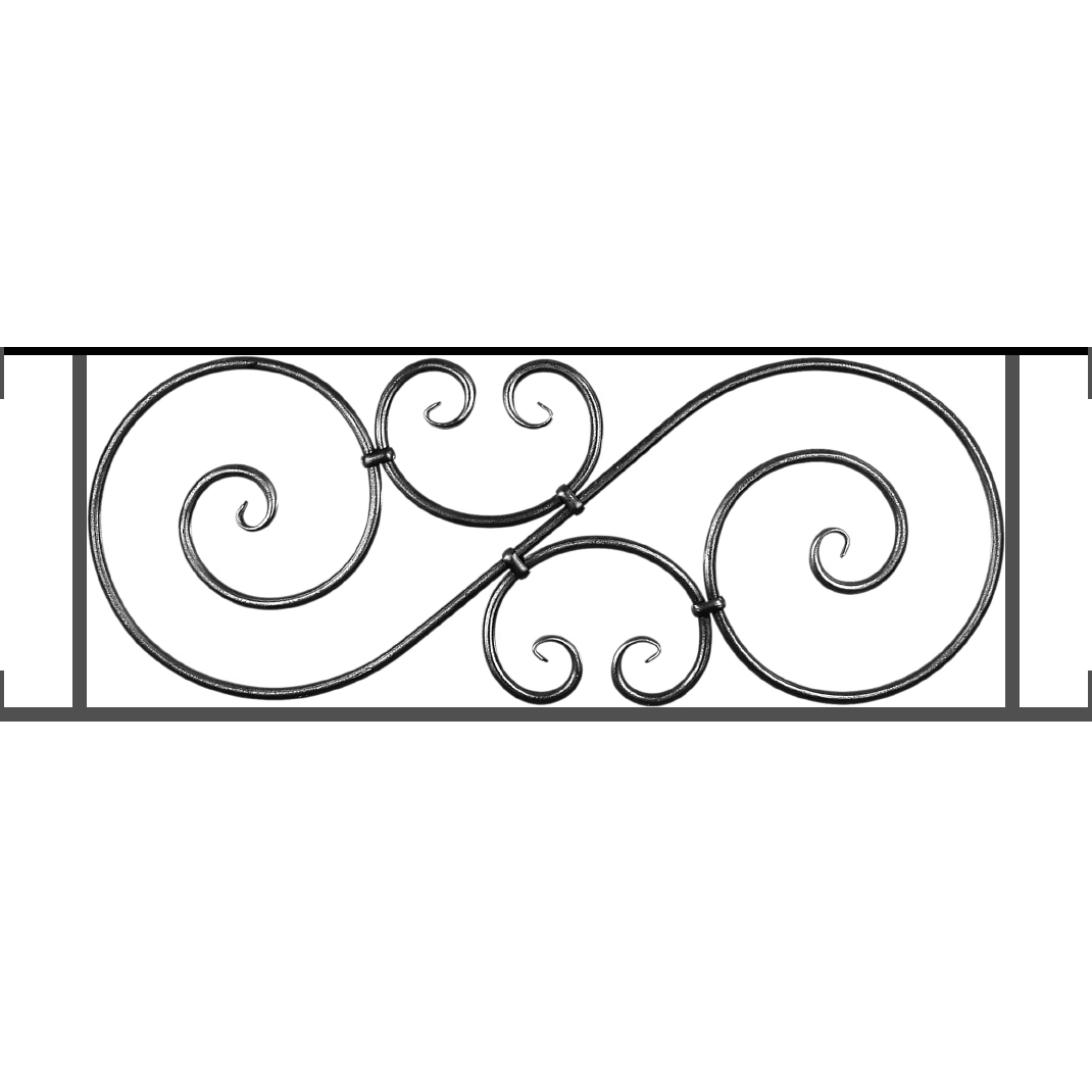 Appui de fenêtre type AF007 à visser dans votre tableau de fenêtre. Longueur finie de 1070mm et Hauteur finie de 367mm. Convient pour les tableaux de fenêtre de 1070mm. Main courante laminée de 1070mm de long en fer forgé sur le dessus. Motif au centre de 900mm de long par 345mm de haut. Le reste de la structure est en acier carré plein de 14mm de section.