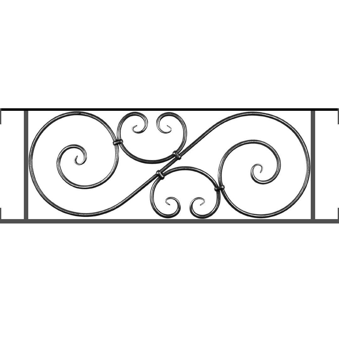 Appui de fenêtre type AF007 à visser dans votre tableau de fenêtre. Longueur finie de 1080mm et Hauteur finie de 367mm. Convient pour les tableaux de fenêtre de 1080mm. Main courante laminée de 1080mm de long en fer forgé sur le dessus. Motif au centre de 900mm de long par 345mm de haut. Le reste de la structure est en acier carré plein de 14mm de section.