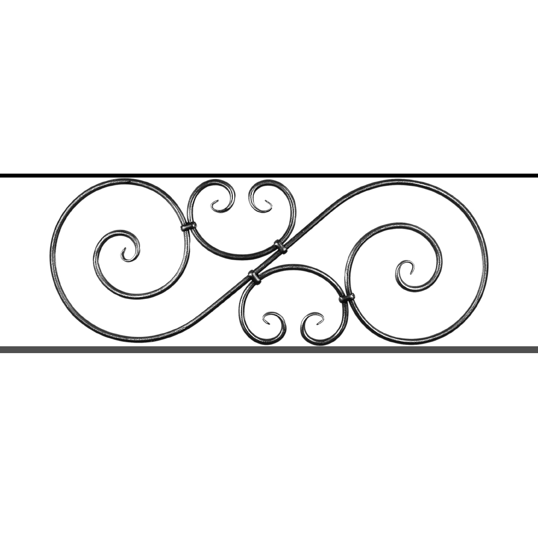 Appui de fenêtre type AF007 à sceller dans votre tableau de fenêtre. Longueur finie de 1100mm et Hauteur finie de 367mm. Convient pour les tableaux de fenêtre de 1000mm. 50mm de scellement sont prévue de chaque côté. Main courante laminée de 1000mm de long en fer forgé sur le dessus. Motif au centre de 900mm de long par 345mm de haut. Le reste de la structure est en acier carré plein de 14mm de section.