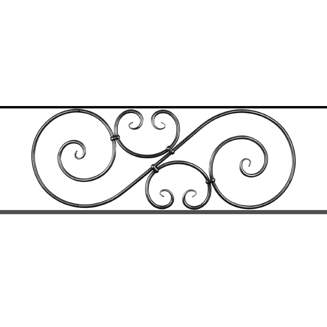 Appui de fenêtre type AF007 à sceller dans votre tableau de fenêtre. Longueur finie de 1110mm et Hauteur finie de 367mm. Convient pour les tableaux de fenêtre de 1010mm. 50mm de scellement sont prévue de chaque côté. Main courante laminée de 1010mm de long en fer forgé sur le dessus. Motif au centre de 900mm de long par 345mm de haut. Le reste de la structure est en acier carré plein de 14mm de section.