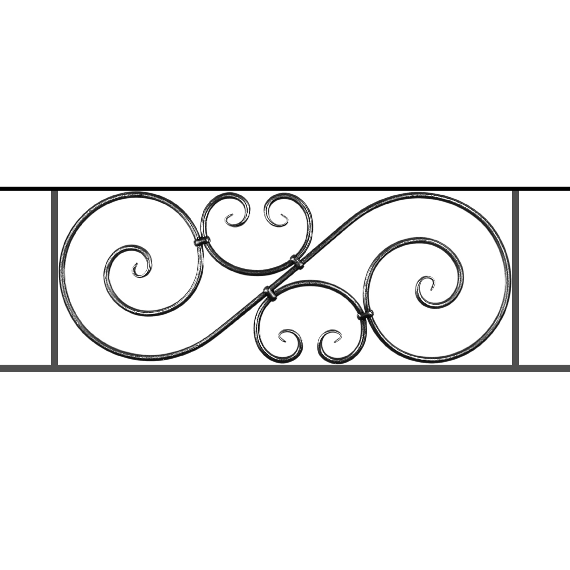 Appui de fenêtre type AF007 à sceller dans votre tableau de fenêtre. Longueur finie de 1130mm et Hauteur finie de 367mm. Convient pour les tableaux de fenêtre de 1030mm. 50mm de scellement sont prévue de chaque côté. Main courante laminée de 1030mm de long en fer forgé sur le dessus. Motif au centre de 900mm de long par 345mm de haut. Le reste de la structure est en acier carré plein de 14mm de section.