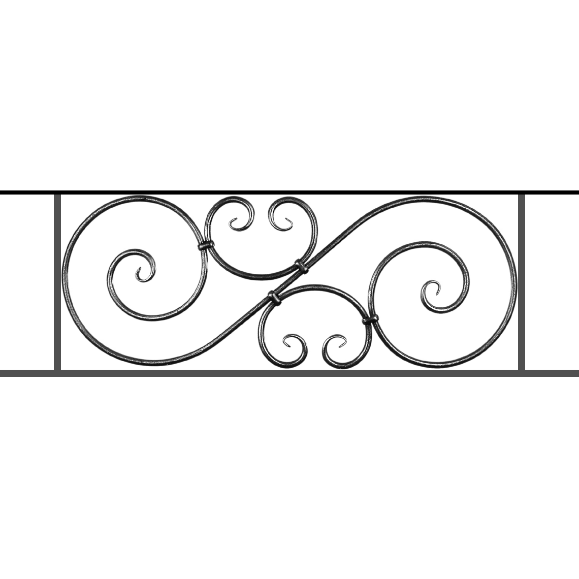 Appui de fenêtre type AF007 à sceller dans votre tableau de fenêtre. Longueur finie de 1140mm et Hauteur finie de 367mm. Convient pour les tableaux de fenêtre de 1040mm. 50mm de scellement sont prévue de chaque côté. Main courante laminée de 1040mm de long en fer forgé sur le dessus. Motif au centre de 900mm de long par 345mm de haut. Le reste de la structure est en acier carré plein de 14mm de section.